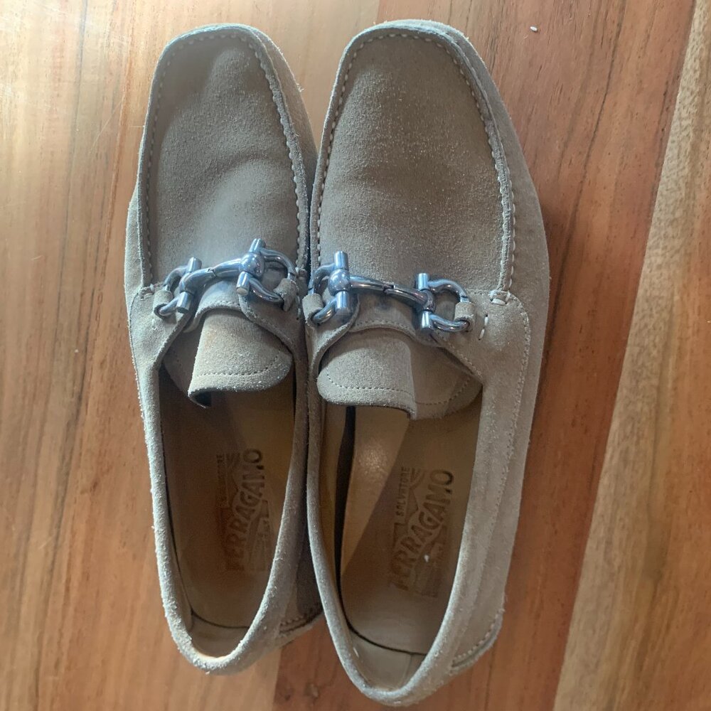 Salvatore Ferragamo - Tan and Green Suede Moccasins